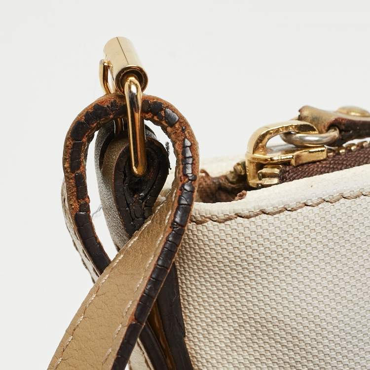 Pre Owned Loewe White/Gold Anagram Coated Canvas and Leather Front Pocket Shoulder Bag