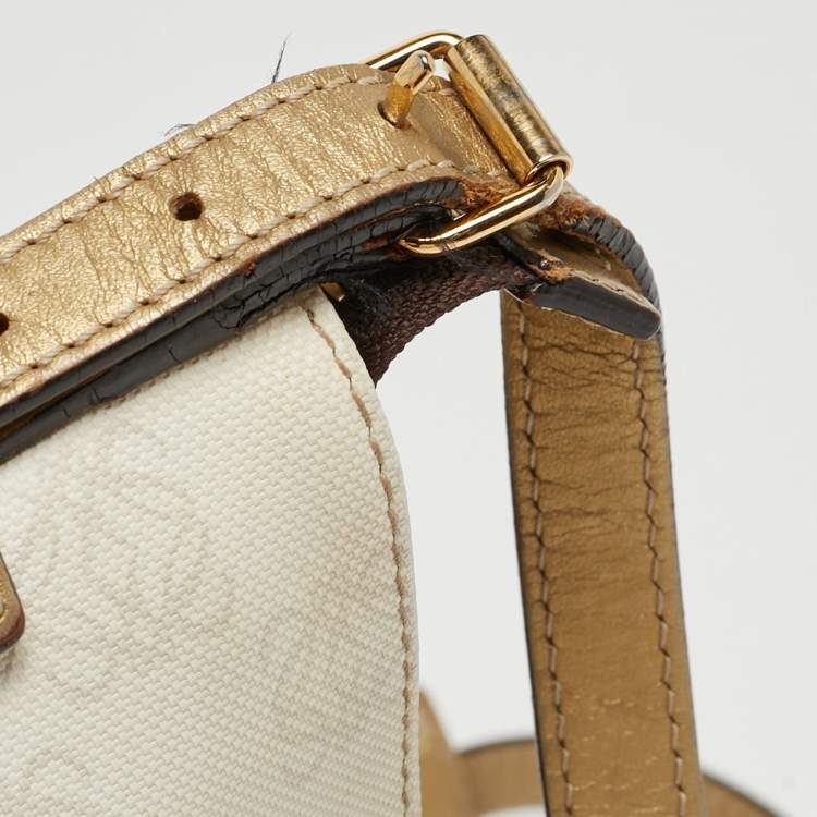 Pre Owned Loewe White/Gold Anagram Coated Canvas and Leather Front Pocket Shoulder Bag