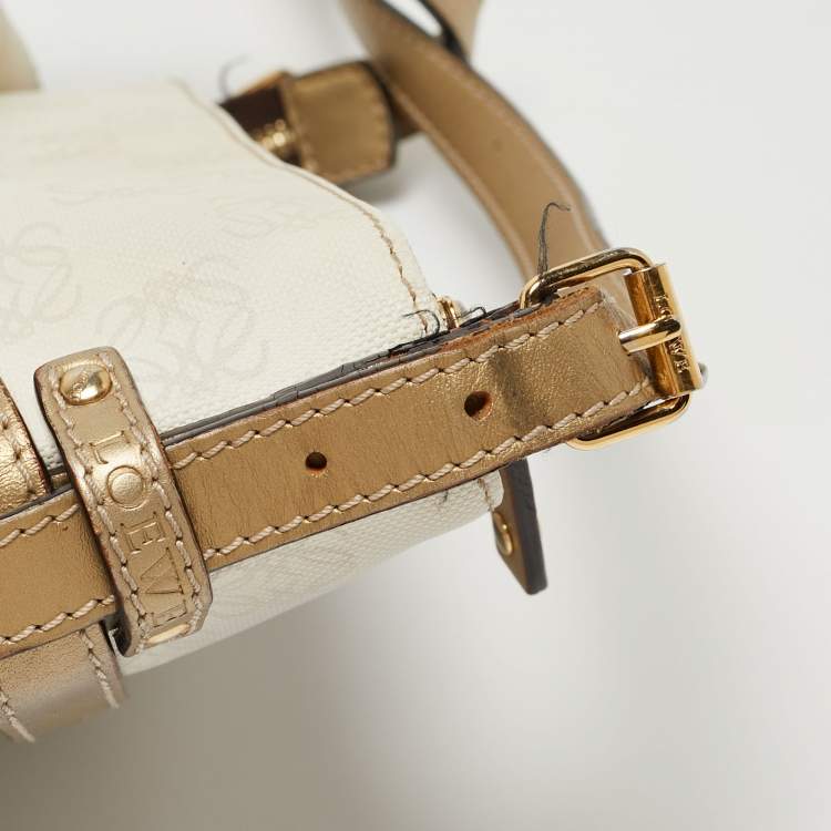 Pre Owned Loewe White/Gold Anagram Coated Canvas and Leather Front Pocket Shoulder Bag