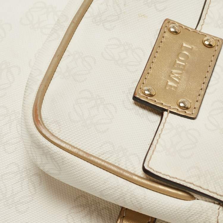 Pre Owned Loewe White/Gold Anagram Coated Canvas and Leather Front Pocket Shoulder Bag