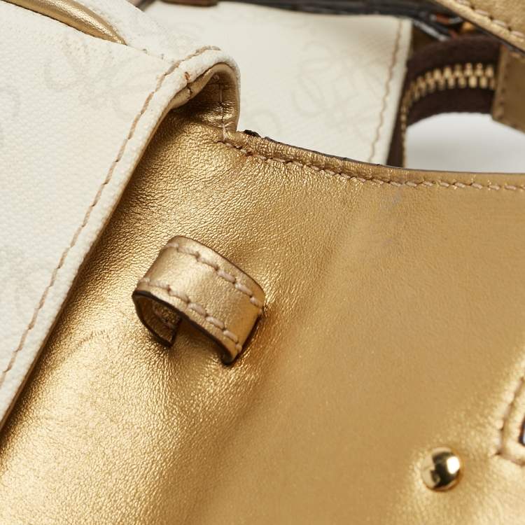 Pre Owned Loewe White/Gold Anagram Coated Canvas and Leather Front Pocket Shoulder Bag