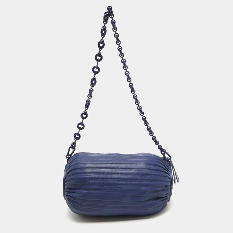 Pre Owned Loewe Blue Leather Pleated Bracelet Pouch Bag