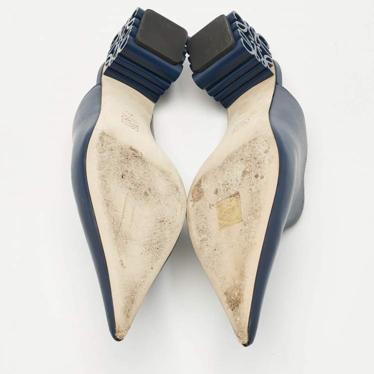 Pre Owned Loewe Navy Blue Leather Pointed Toe Mules Size 40