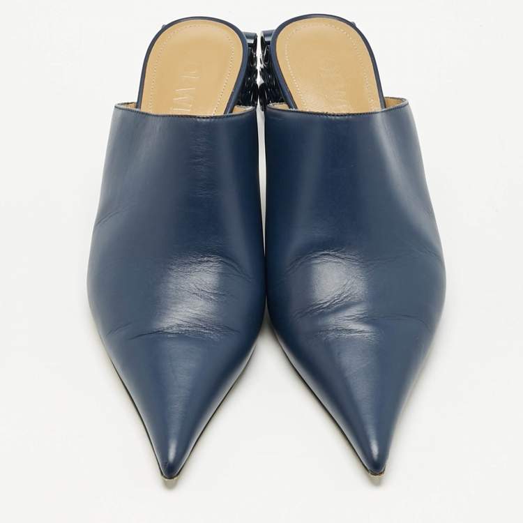 Pre Owned Loewe Navy Blue Leather Pointed Toe Mules Size 40