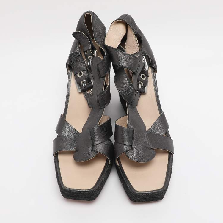 Pre Owned Loewe Grey Leather Strappy Wedge Sandals Size 39