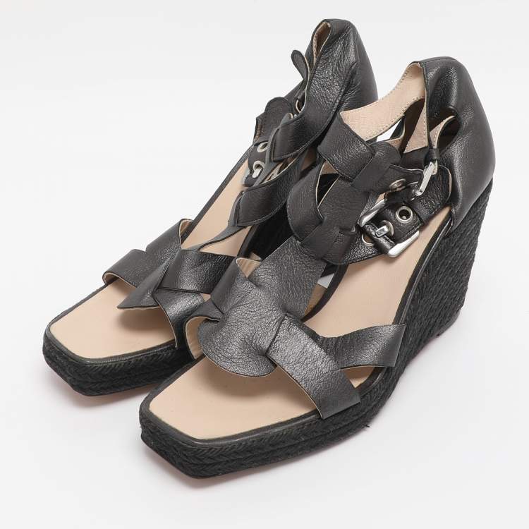 Pre Owned Loewe Grey Leather Strappy Wedge Sandals Size 39
