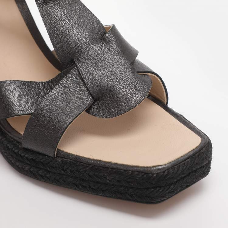 Pre Owned Loewe Grey Leather Strappy Wedge Sandals Size 39