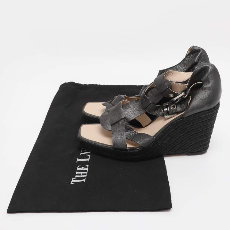 Pre Owned Loewe Grey Leather Strappy Wedge Sandals Size 39