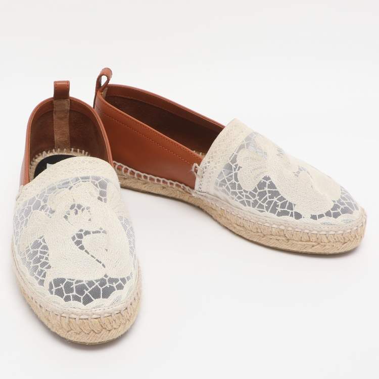 Pre Owned Loewe White/Brown Lace and Leather Espadrille Flats Size 37