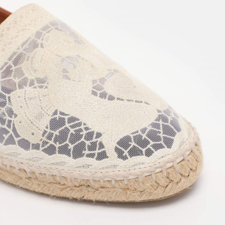 Pre Owned Loewe White/Brown Lace and Leather Espadrille Flats Size 37