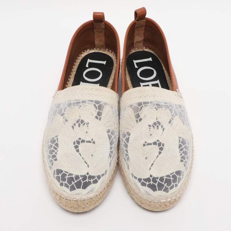 Pre Owned Loewe White/Brown Lace and Leather Espadrille Flats Size 37