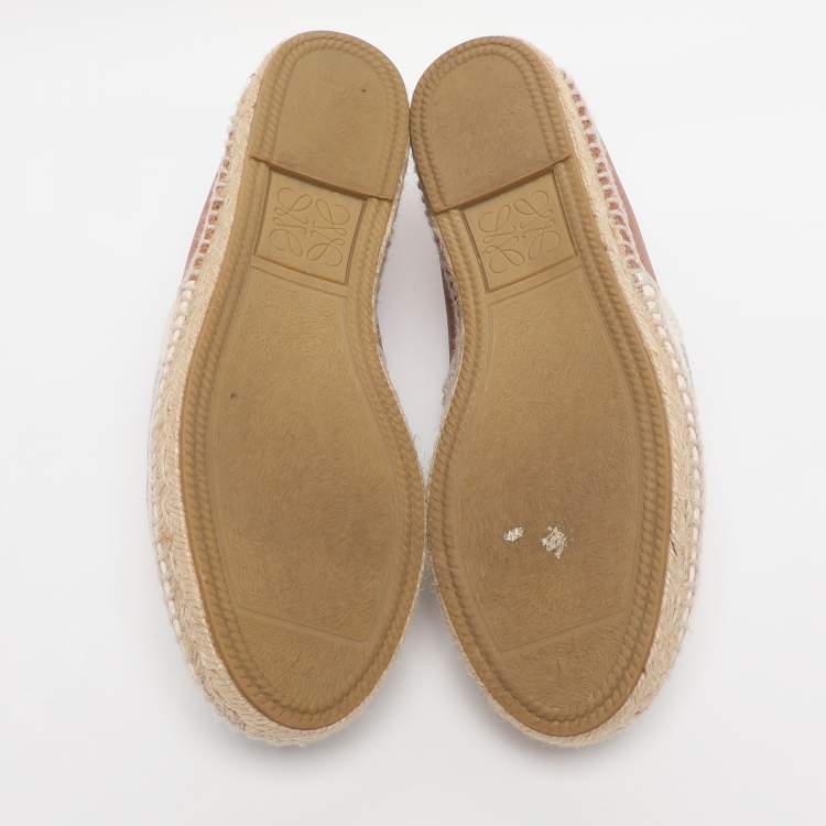 Pre Owned Loewe White/Brown Lace and Leather Espadrille Flats Size 37
