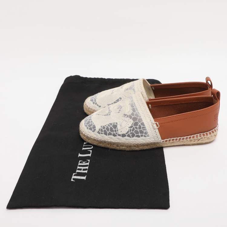 Pre Owned Loewe White/Brown Lace and Leather Espadrille Flats Size 37