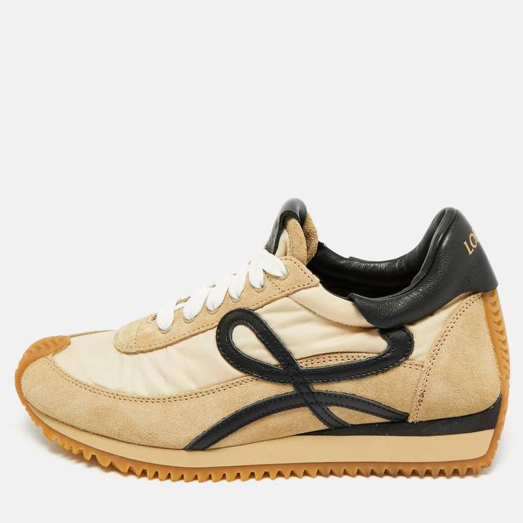 Pre Owned Loewe Beige Suede and Nylon Flow Runner Sneakers Size 36