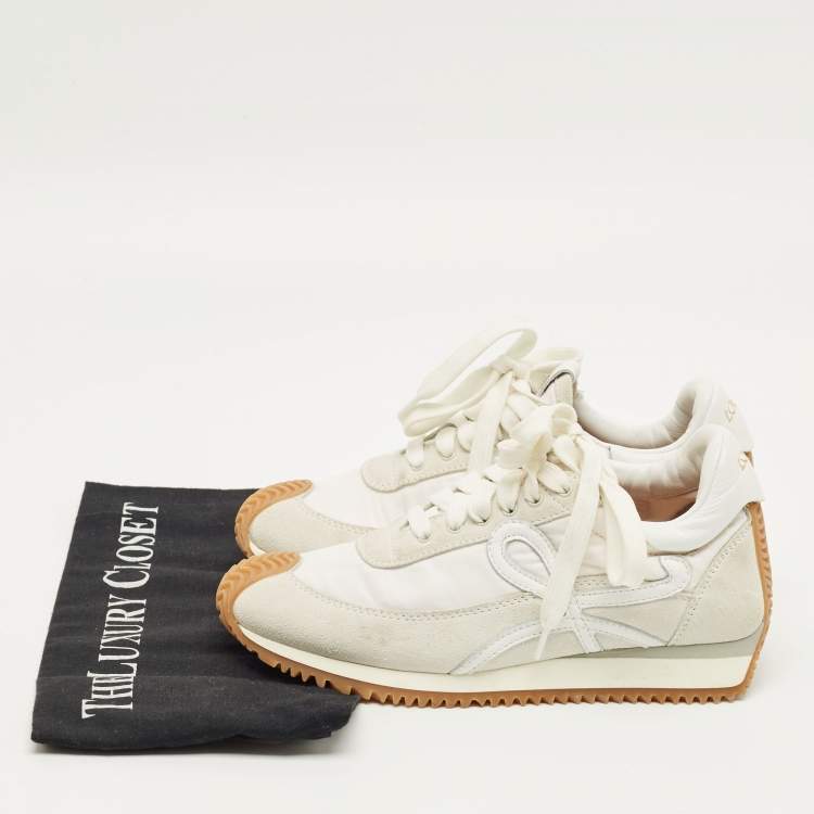 مملوكة مسبقًا Loewe White Nylon and Suede Flow Low Top Sneakers Size 35