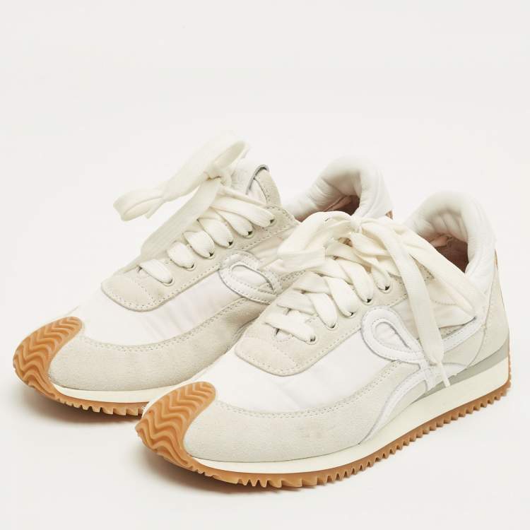 مملوكة مسبقًا Loewe White Nylon and Suede Flow Low Top Sneakers Size 35