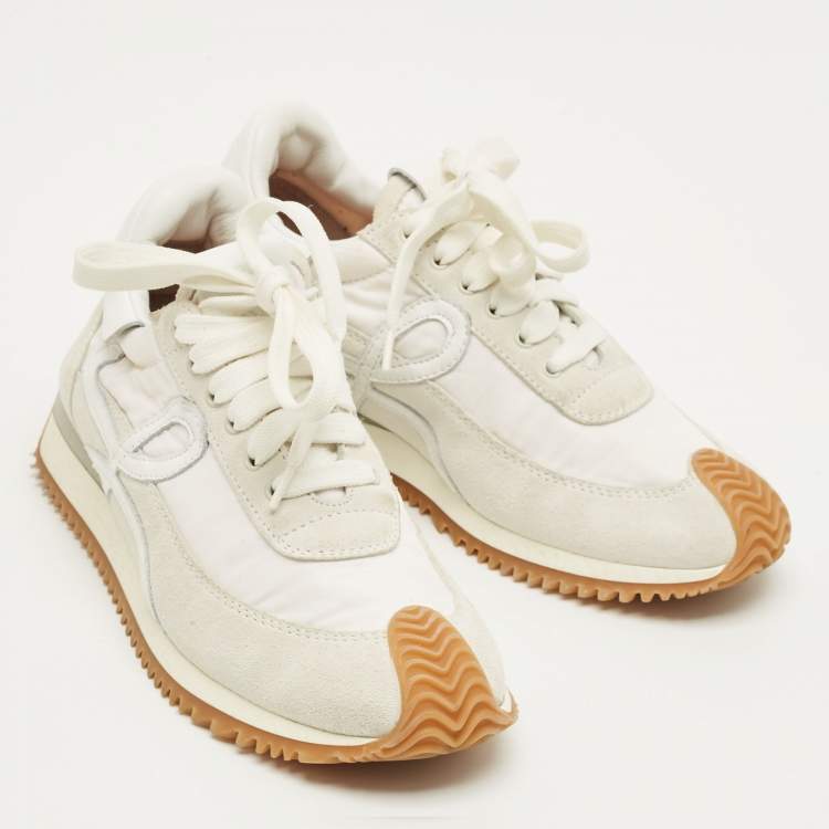 مملوكة مسبقًا Loewe White Nylon and Suede Flow Low Top Sneakers Size 35