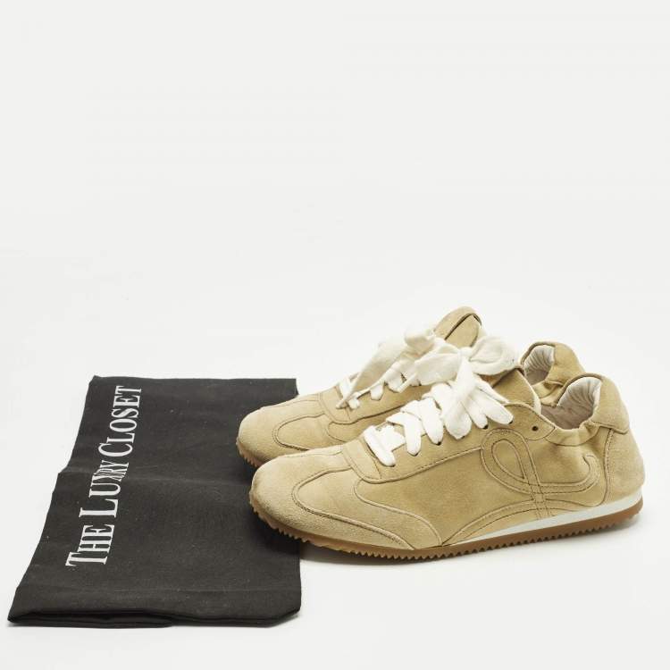 Pre Owned Loewe Brown Suede Paneled Lace Up Sneakers Size 35