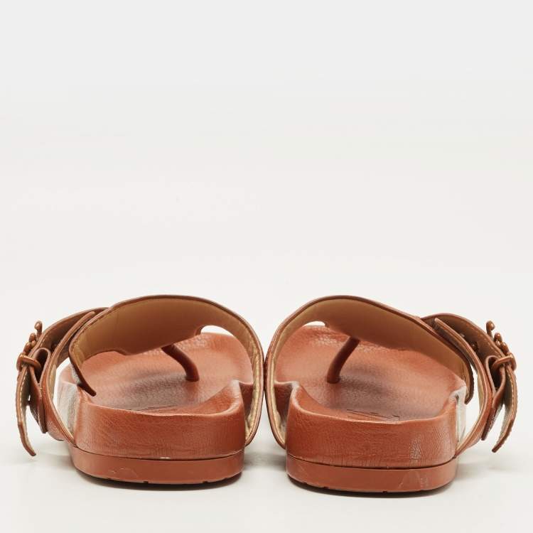 Pre Owned Loewe Logo Plague Size 37 Brown Leather Thong Flat Slide
