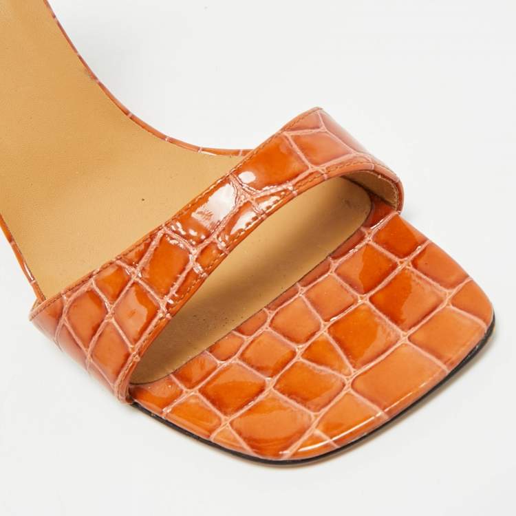 Pre Owned Loewe Size 37 Brown Croc Embossed Patent Leather Wedge Sandals