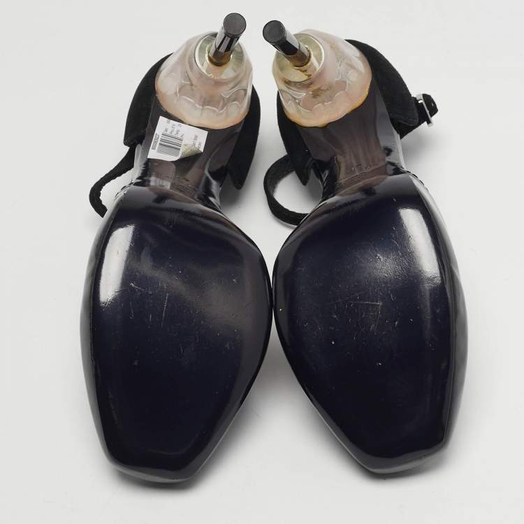 Pre Owned Loewe Size 40 Black Patent Leather and Suede T-Strap Pumps