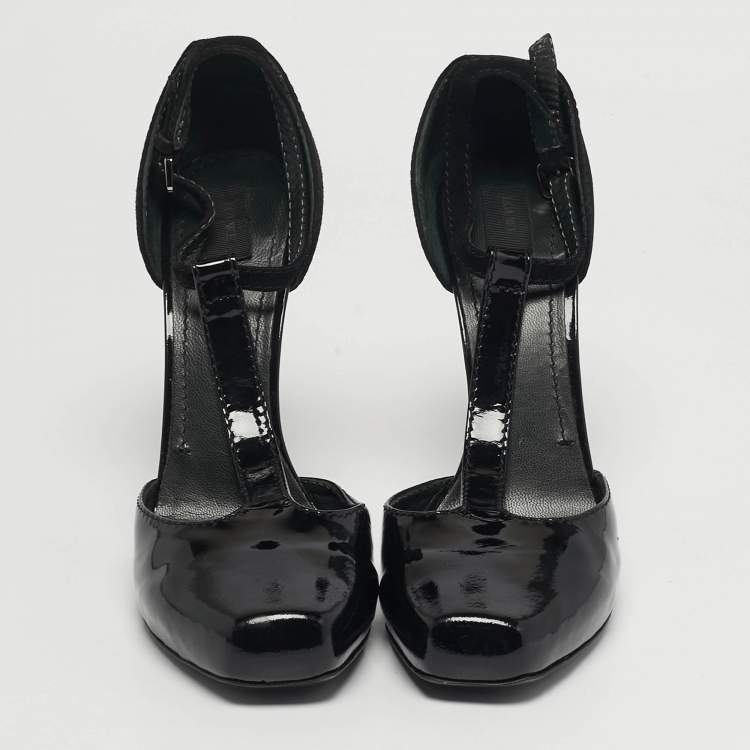 Pre Owned Loewe Size 40 Black Patent Leather and Suede T-Strap Pumps