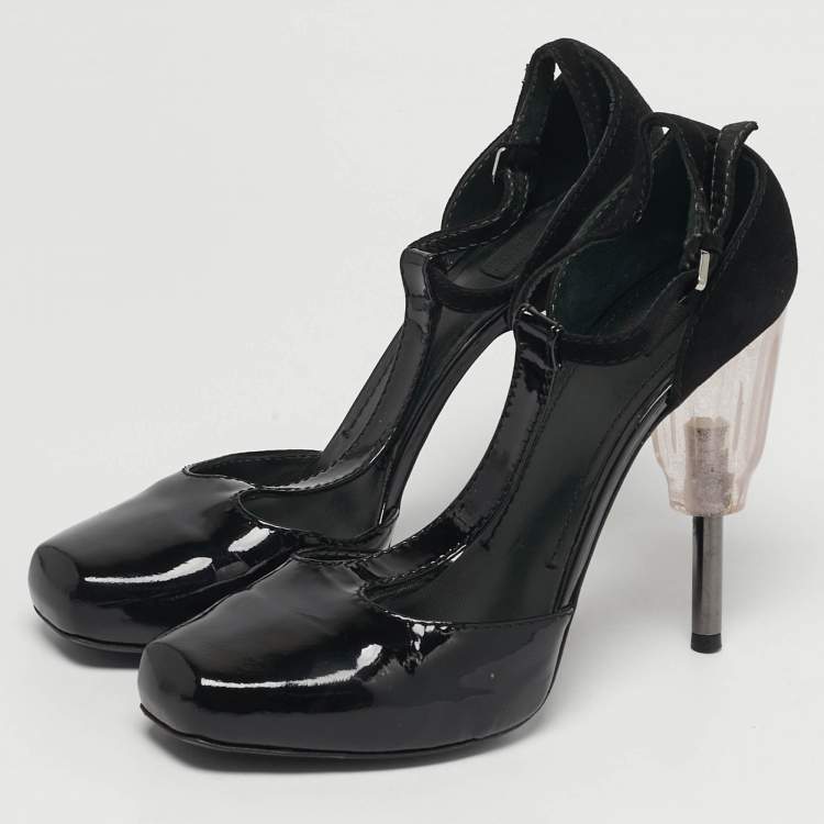 Pre Owned Loewe Size 40 Black Patent Leather and Suede T-Strap Pumps