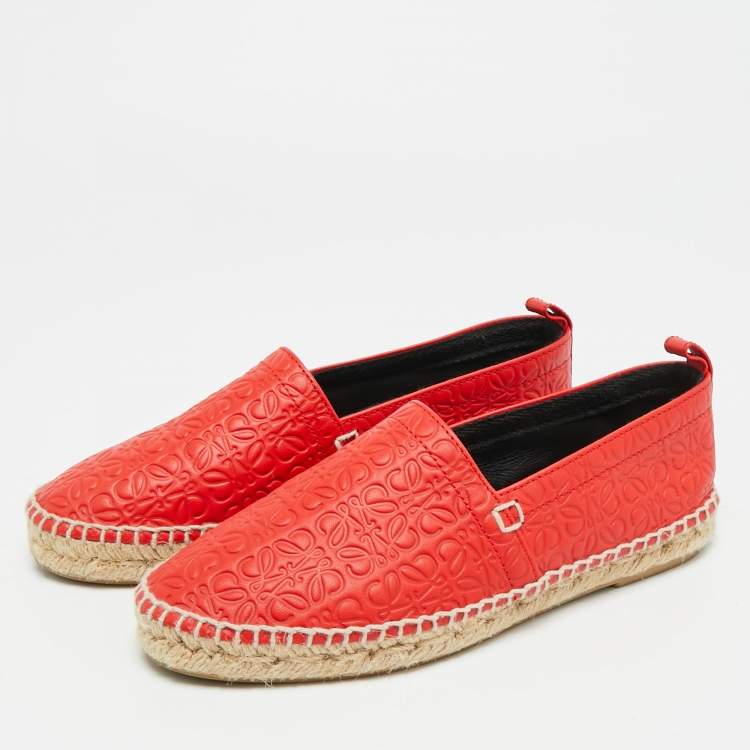 Pre Owned Loewe Size 37 Red Logo Embossed Leather Espadrille Flats
