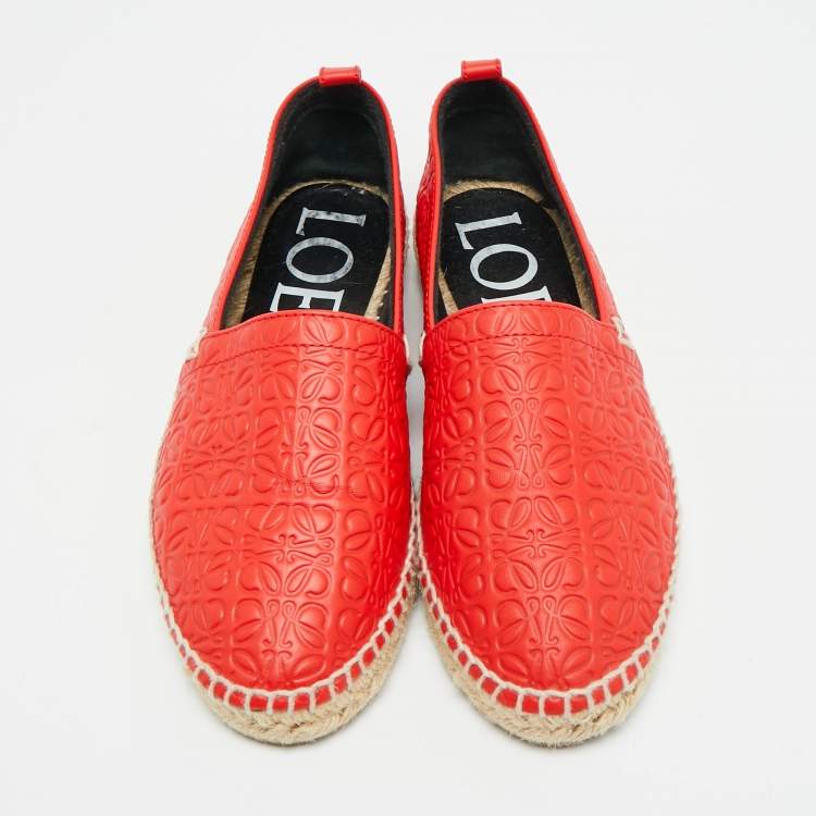 Pre Owned Loewe Size 37 Red Logo Embossed Leather Espadrille Flats
