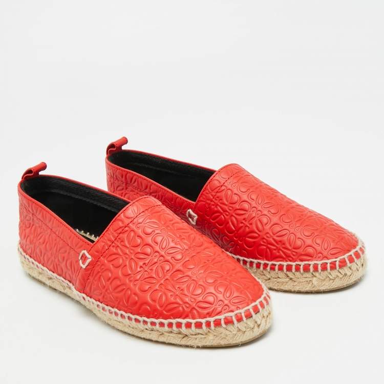 Pre Owned Loewe Size 37 Red Logo Embossed Leather Espadrille Flats