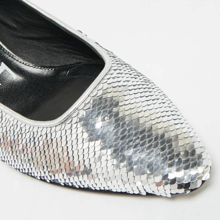 Pre Owned Loewe Size 38 Silver/Black Leather and Sequins Block Heel Pumps