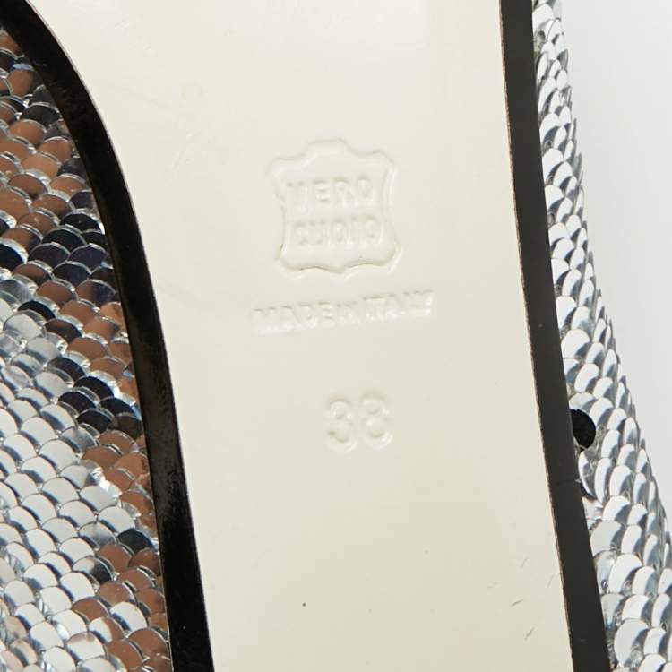 Pre Owned Loewe Size 38 Silver/Black Leather and Sequins Block Heel Pumps