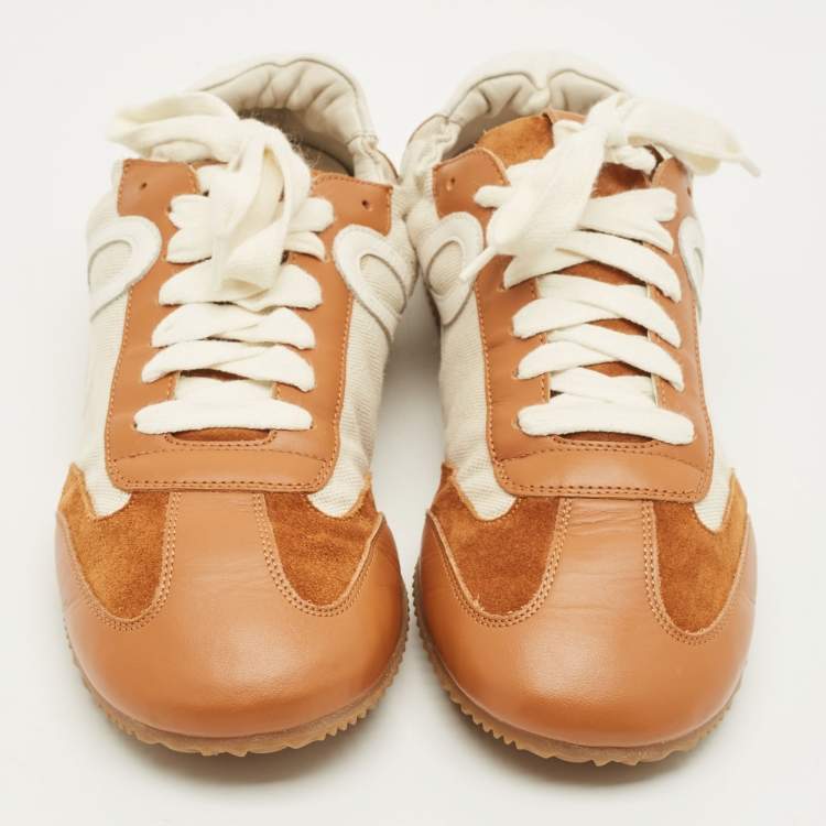 Pre Owned Loewe Flow Runner Size 39 Brown/White Leather and Suede Lace Up Sneakers