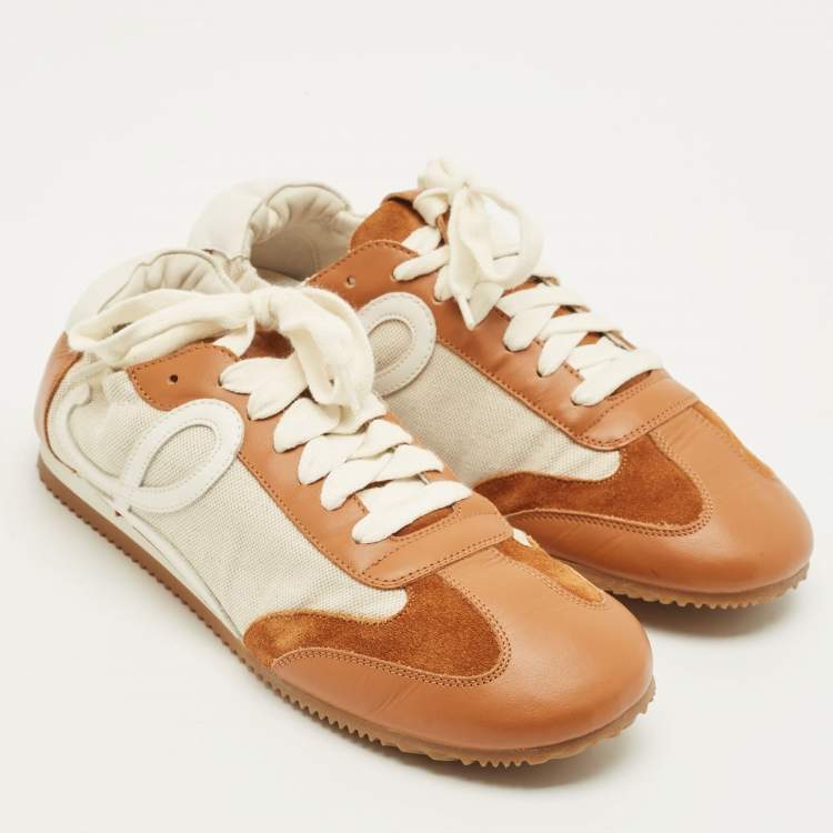 Pre Owned Loewe Flow Runner Size 39 Brown/White Leather and Suede Lace Up Sneakers