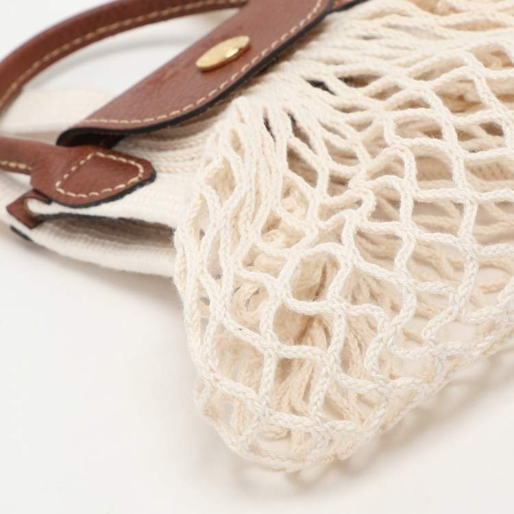Pre Owned Longchamp White/Brown Crochet and Leather Le Pliage Filet Crossbody