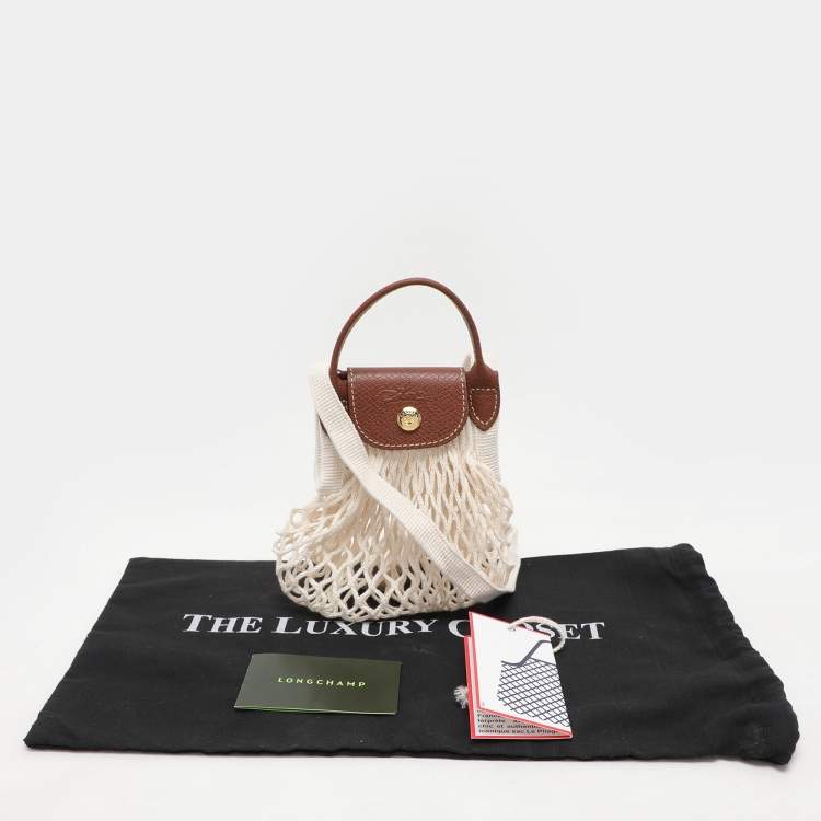 Pre Owned Longchamp White/Brown Crochet and Leather Le Pliage Filet Crossbody
