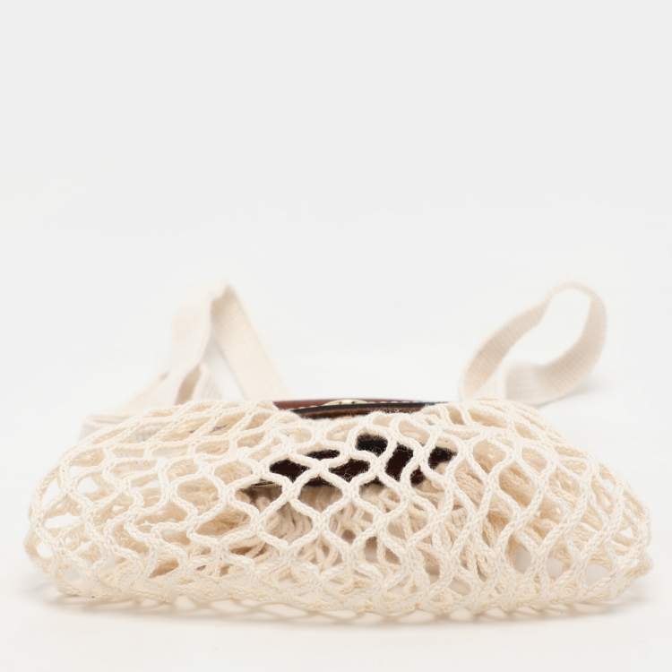 Pre Owned Longchamp White/Brown Crochet and Leather Le Pliage Filet Crossbody
