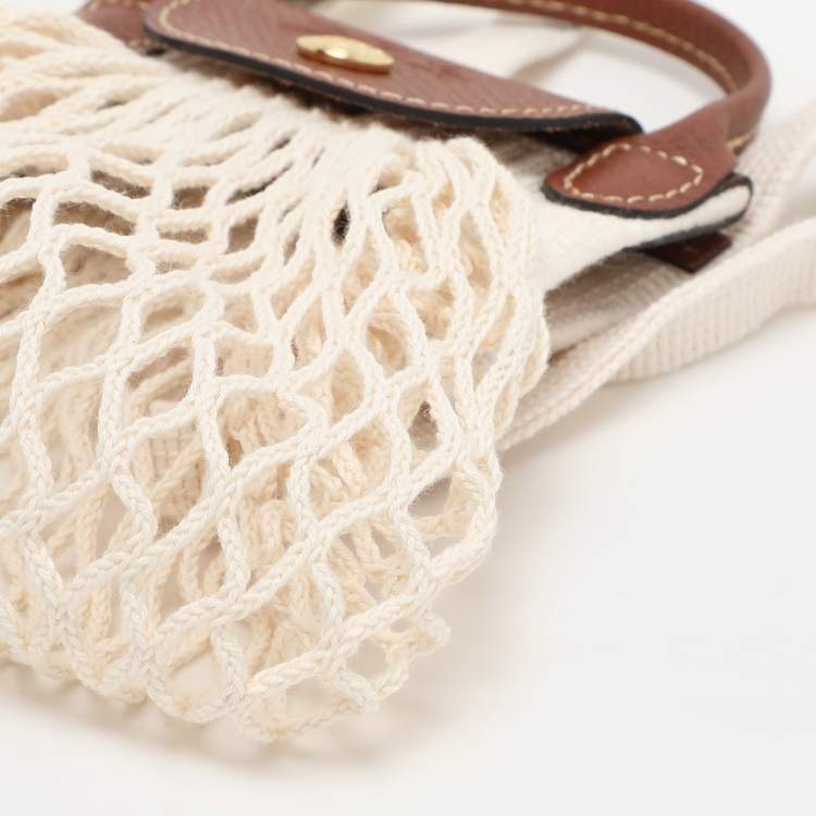 Pre Owned Longchamp White/Brown Crochet and Leather Le Pliage Filet Crossbody