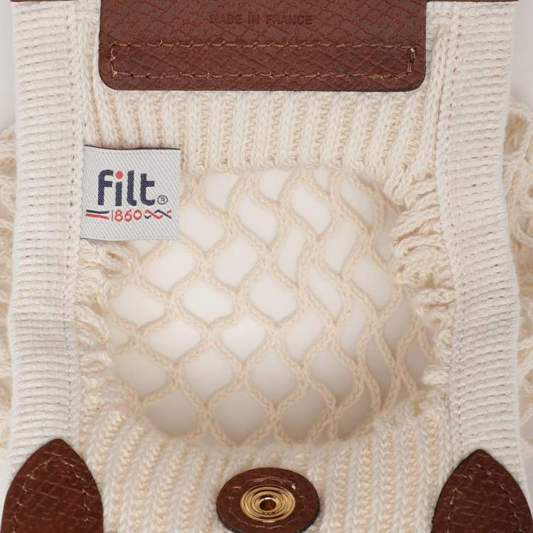 Pre Owned Longchamp White/Brown Crochet and Leather Le Pliage Filet Crossbody