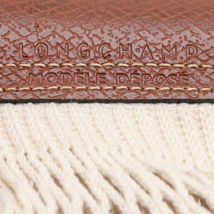 Pre Owned Longchamp White/Brown Crochet and Leather Le Pliage Filet Crossbody