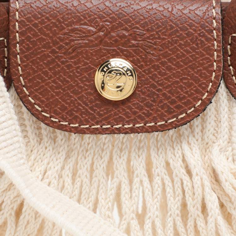 Pre Owned Longchamp White/Brown Crochet and Leather Le Pliage Filet Crossbody