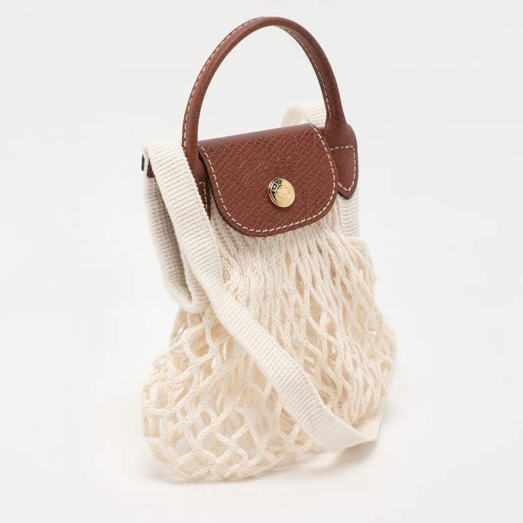 Pre Owned Longchamp White/Brown Crochet and Leather Le Pliage Filet Crossbody