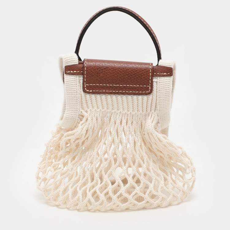 Pre Owned Longchamp White/Brown Crochet and Leather Le Pliage Filet Crossbody