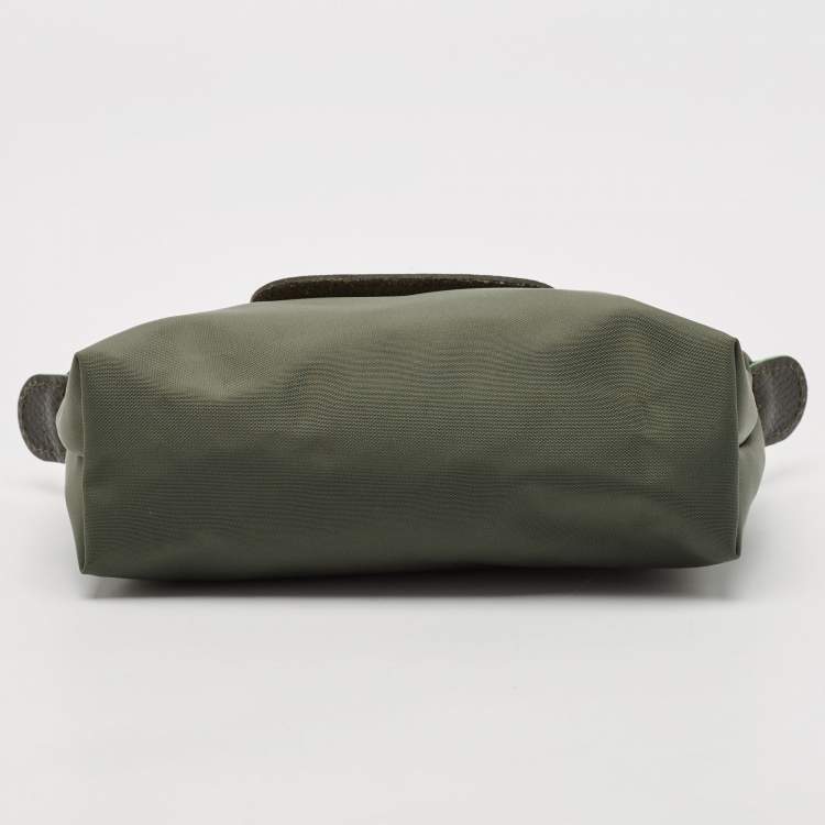 Pre Owned Longchamp Olive Green Leather and Nylon Le Pliage Pouch 