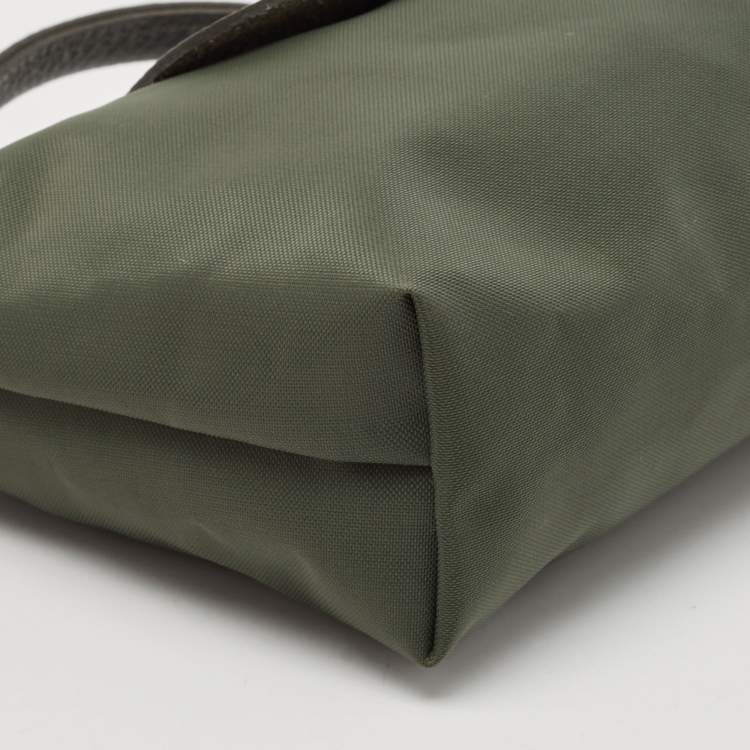 Pre Owned Longchamp Olive Green Leather and Nylon Le Pliage Pouch 