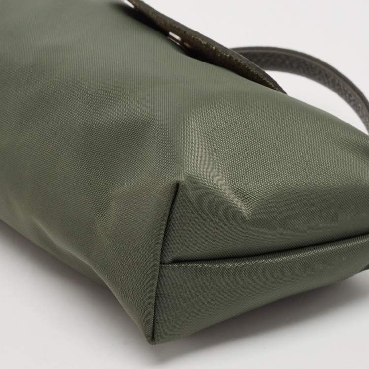 Pre Owned Longchamp Olive Green Leather and Nylon Le Pliage Pouch 