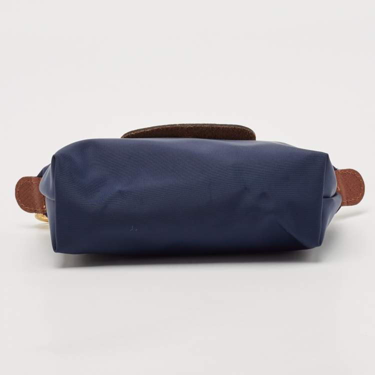 Pre Owned Longchamp Navy Blue Leather and Nylon Le Pliage Pouch 