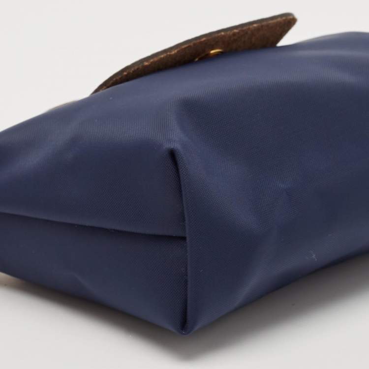 Pre Owned Longchamp Navy Blue Leather and Nylon Le Pliage Pouch 