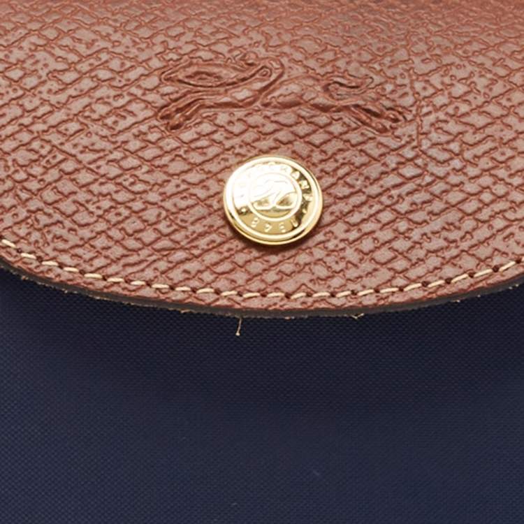 Pre Owned Longchamp Navy Blue Leather and Nylon Le Pliage Pouch 