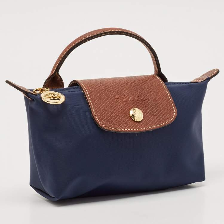 Pre Owned Longchamp Navy Blue Leather and Nylon Le Pliage Pouch 
